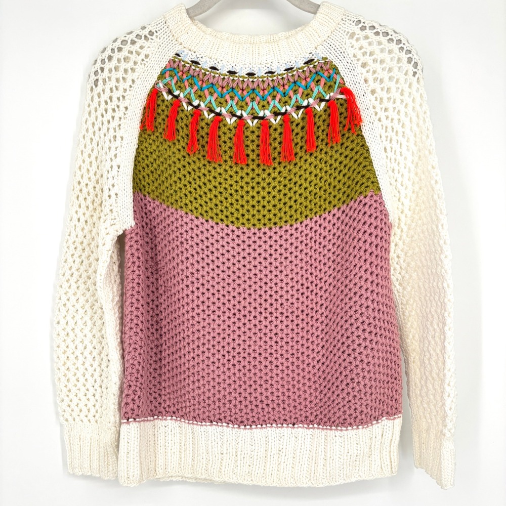 Smythe x Augden Color Block Open Knit Tassel Boho Sweater White Pink Olive Green
